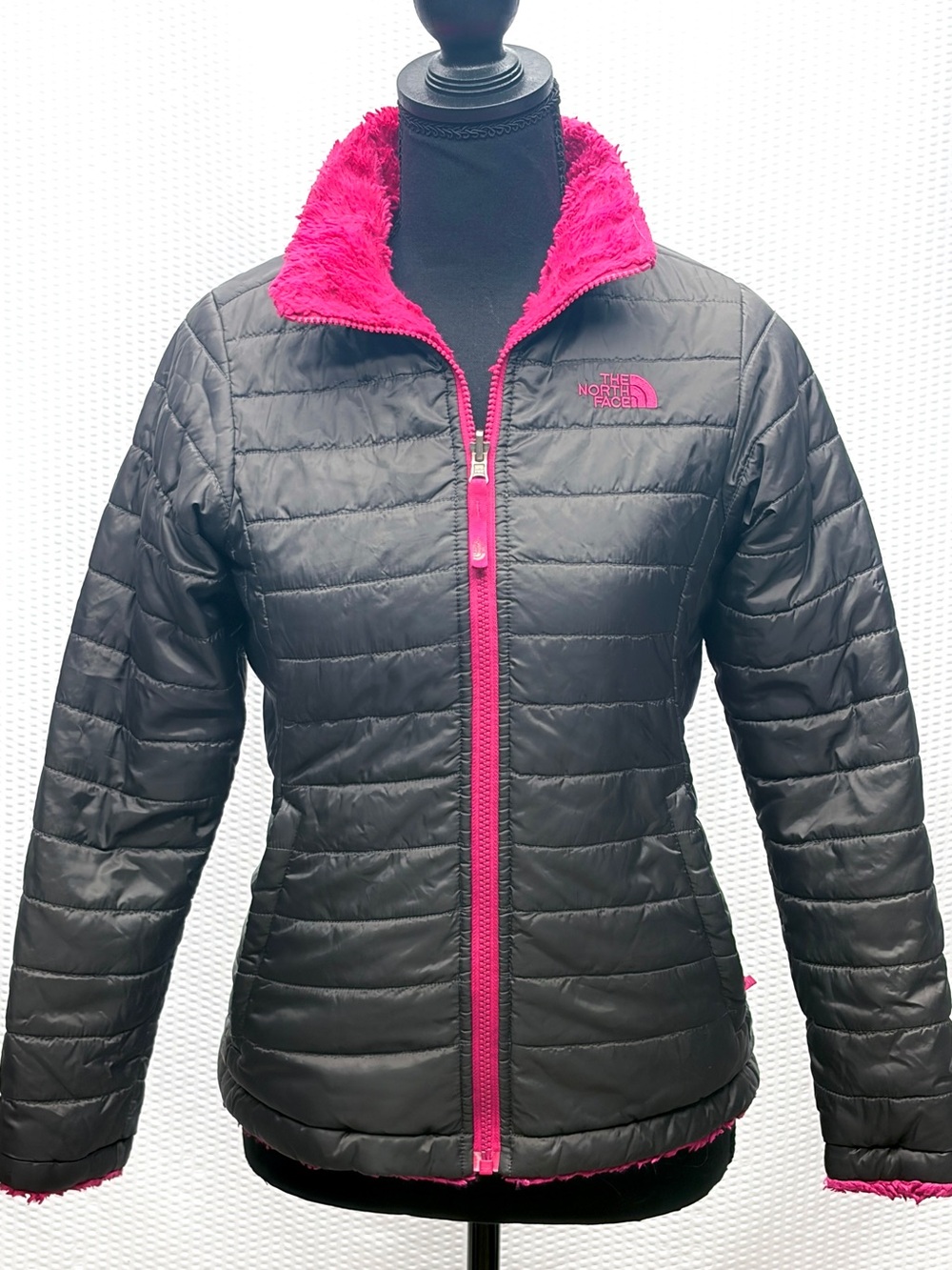 The North Face Reversible Mossbud Swirl Jacket Girls L 14 16 Pink Black